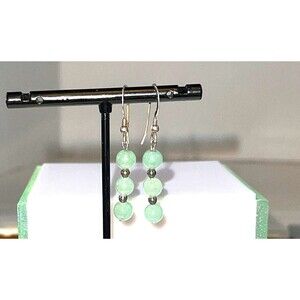 Jadeite 3 Stone Earrings On Silver Hook Wires Pale Green 1 3/4” Dangle Drop